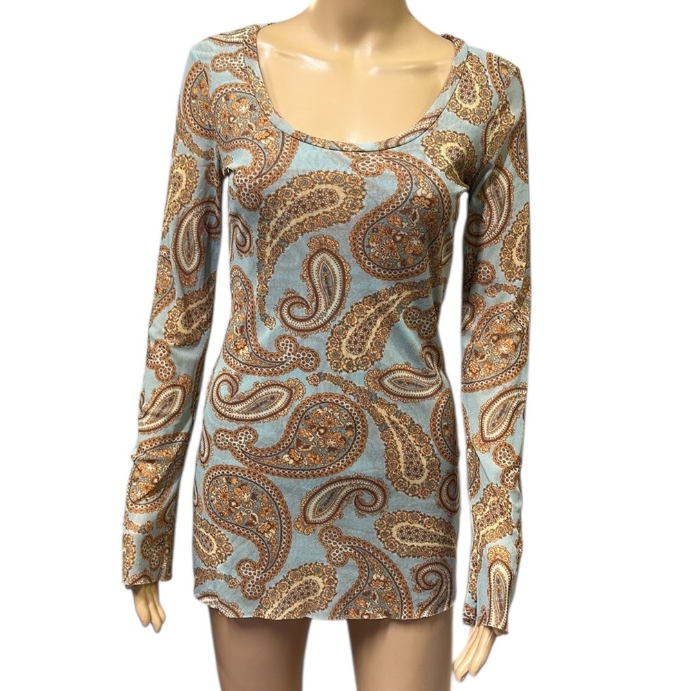 Vintage Sweet Pea Mesh Paisley Print Long Sleeves Fitted Y2K Artsy Top Womens L